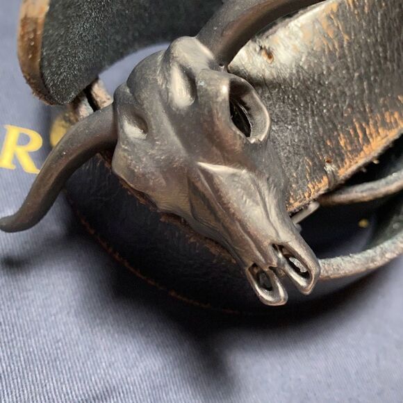Ralph Lauren * Made in Italy Steer Head Black Distressed Calf Leather Belt - Picture 11 of 15